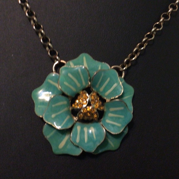 Coldwater creek necklace featuring aqua enameled flower with amber rhinestones - Picture 3 of 7